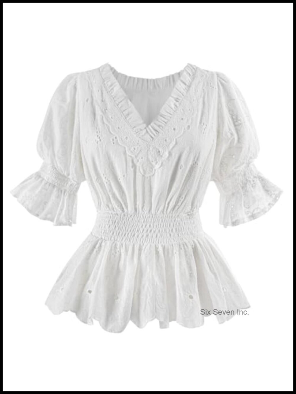 Victorian V-Neck Peplum Blouse Ruffle Lace Eyelet Cotton Top